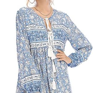 R. Vivimos Women's Blue Floral Long Sleeve Tie Front With Tasel Dress. S…